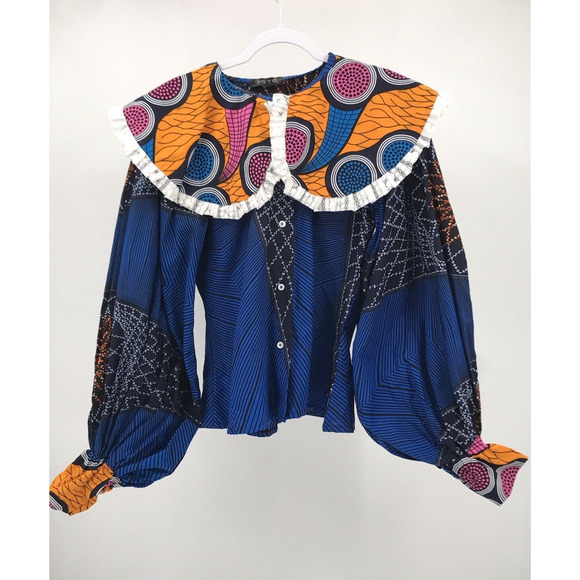 SGTC Wide Collar Prairie Style Balloon Sleeve Cape Top African Print - Picture 1 of 9